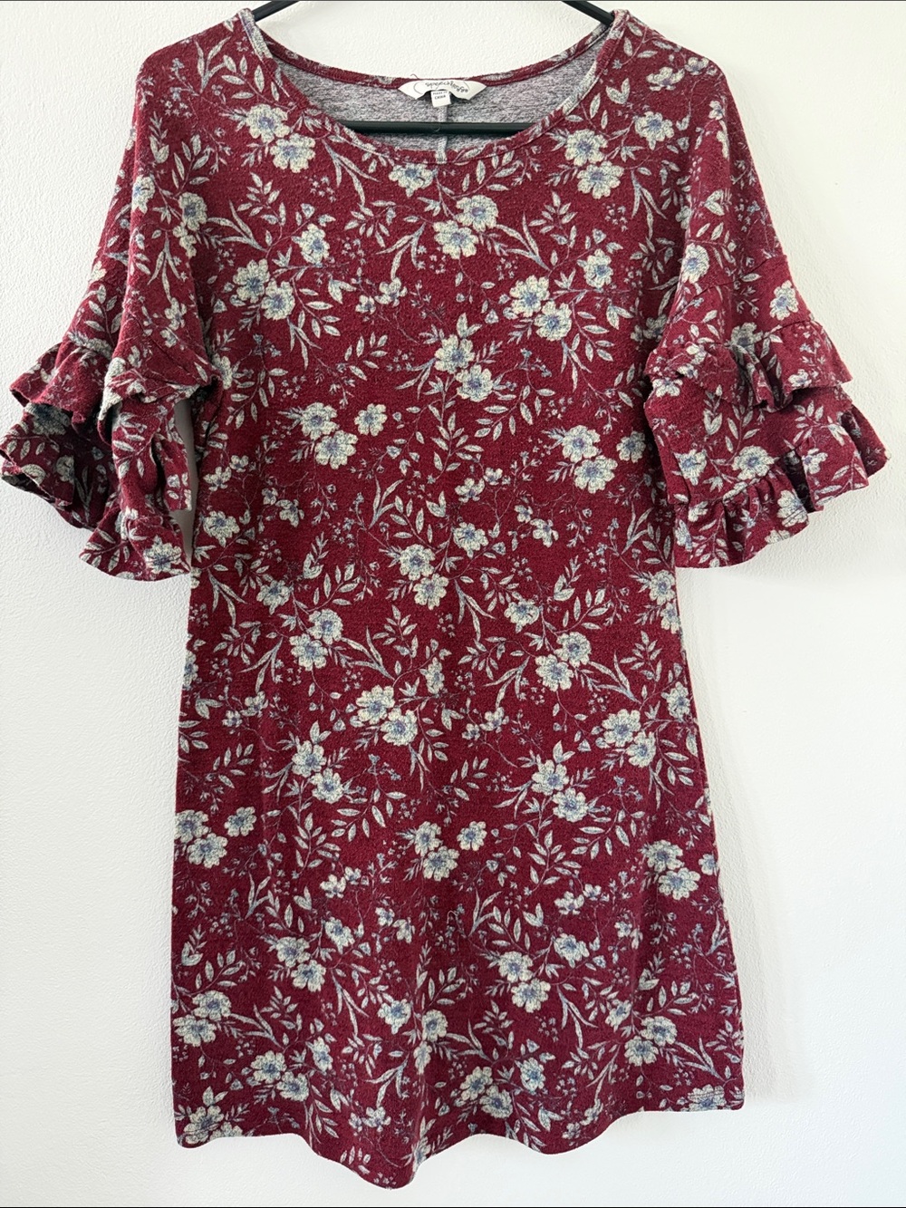 Speechless Burgundy Floral Ruffle-Sleeve Mini Dress
